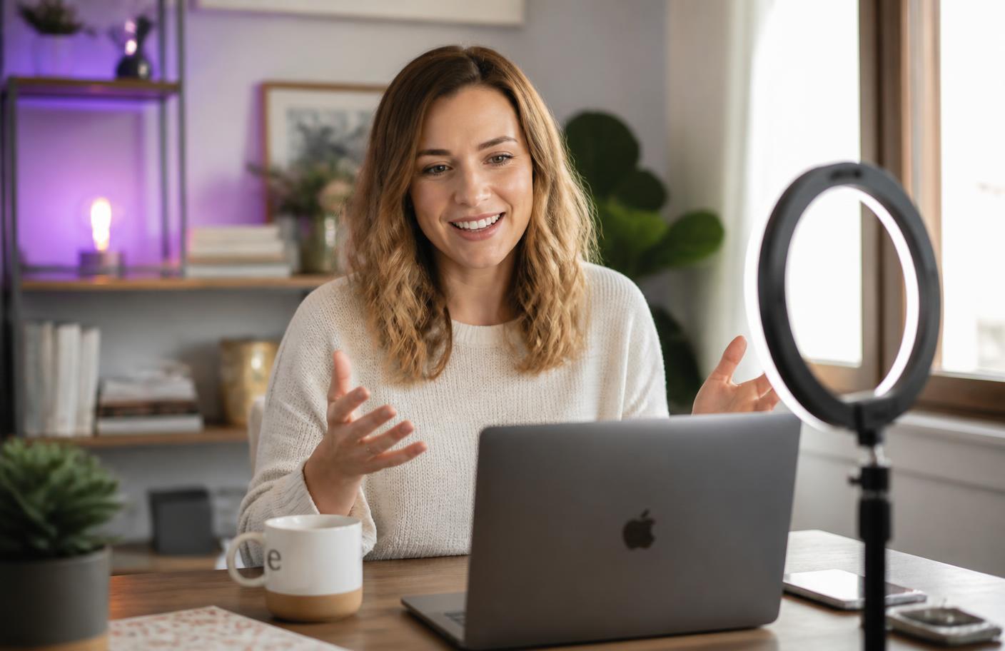 A customer recording a video testimonial on a laptop webcam at a bright home desk with a ring light