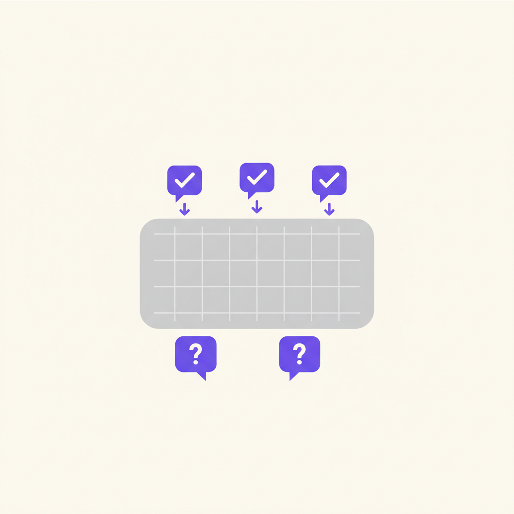 An illustration showing a person on a website's pricing page, looking at a question mark icon that reveals helpful answers.