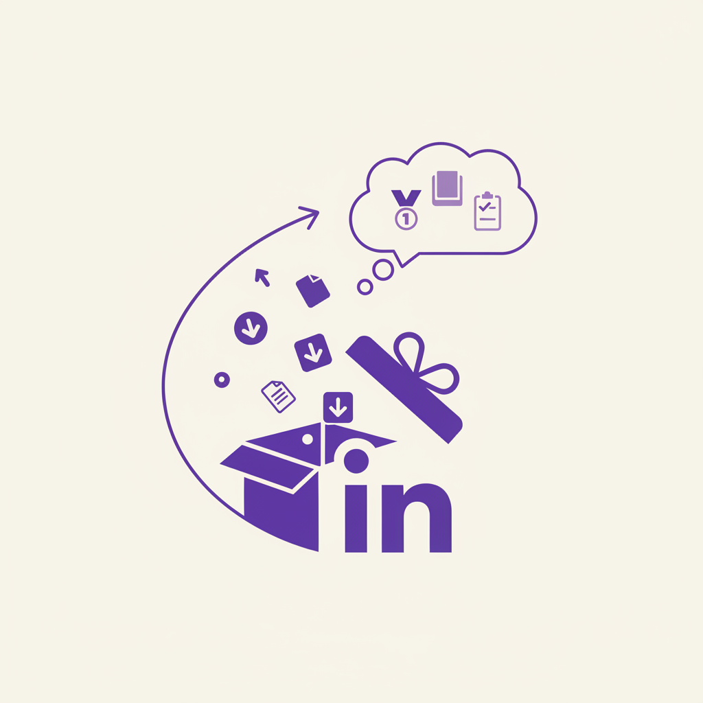 An illustration of a person on a LinkedIn-style page, dangling a carrot (a free document) on a fishing rod to a crowd below.
