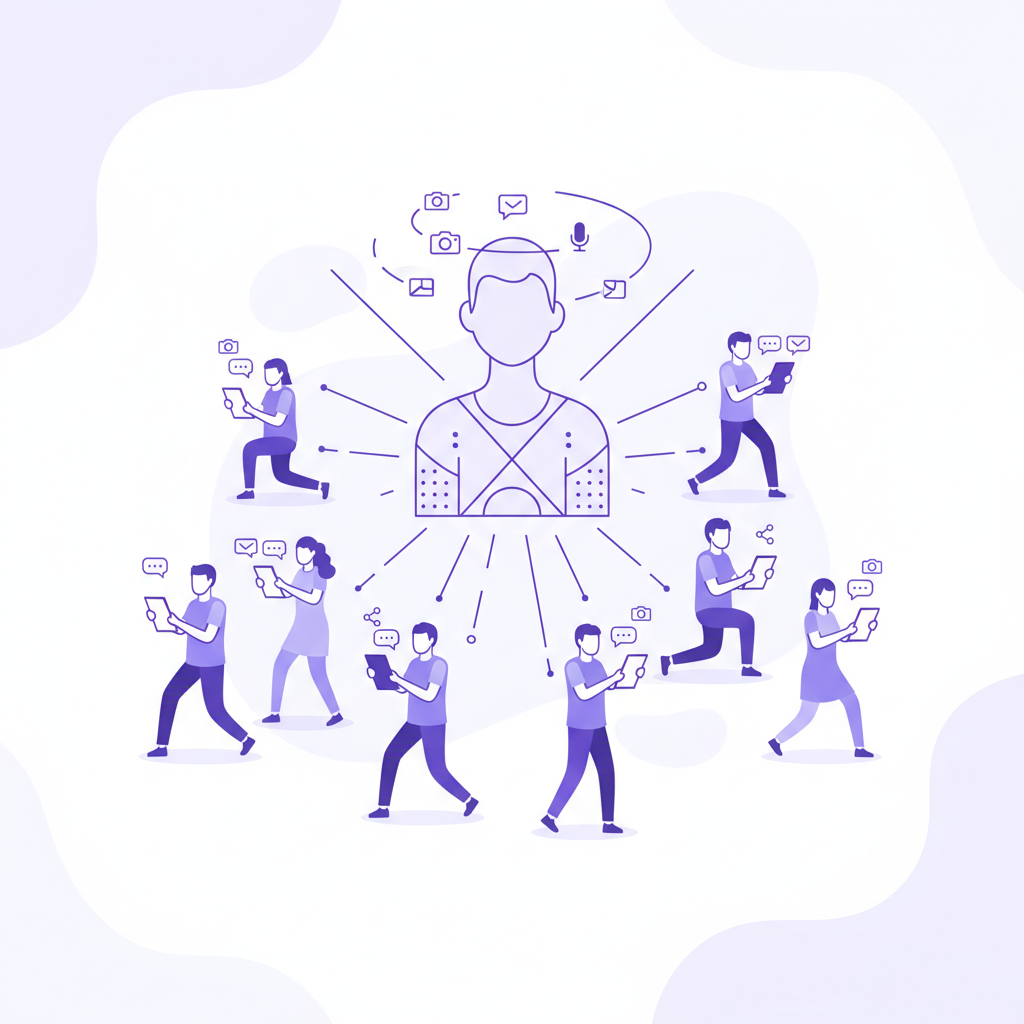 Illustration of a large megaphone with many small people holding phones and laptops, representing an army of employees creating content.