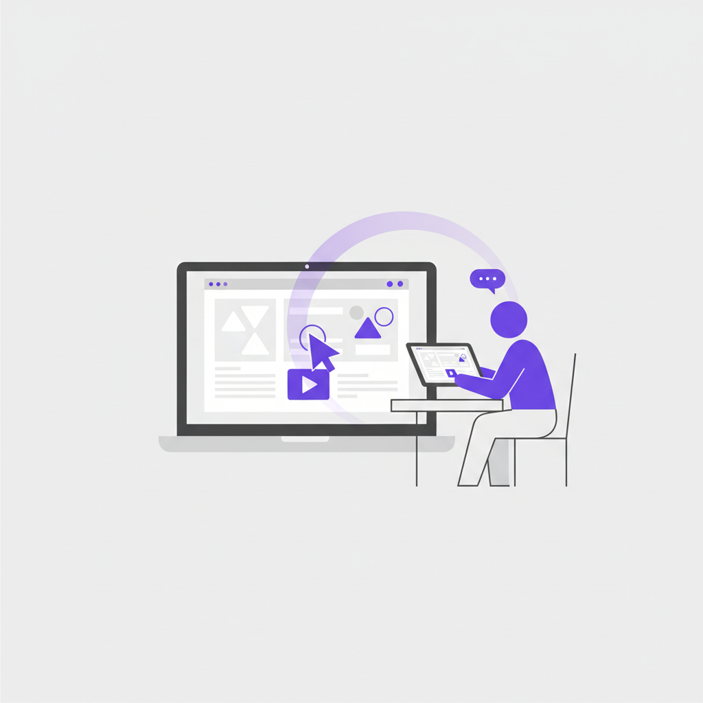 An illustration of a person on a video call, with product feature icons floating around them, representing a product-led demo call.